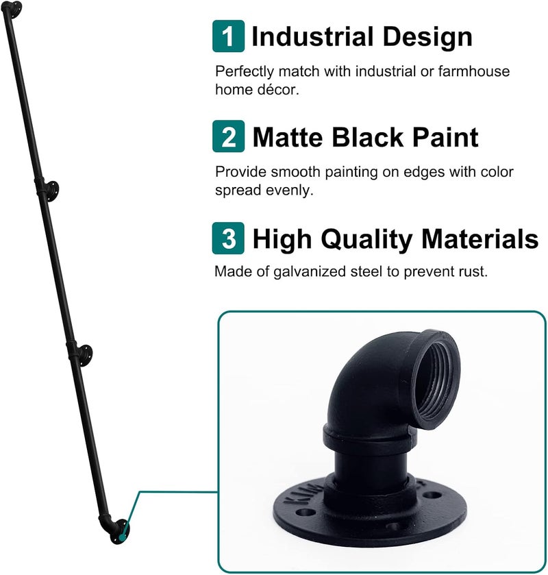 HouseAid 10FT Industrial Pipe Wall Handrail, Farmhouse Stairway Railing with 1-1/4 Inch Diameter Pipe, Vintage Style Stairs Handrail, Wall Mounted, Matte Black - Image 4